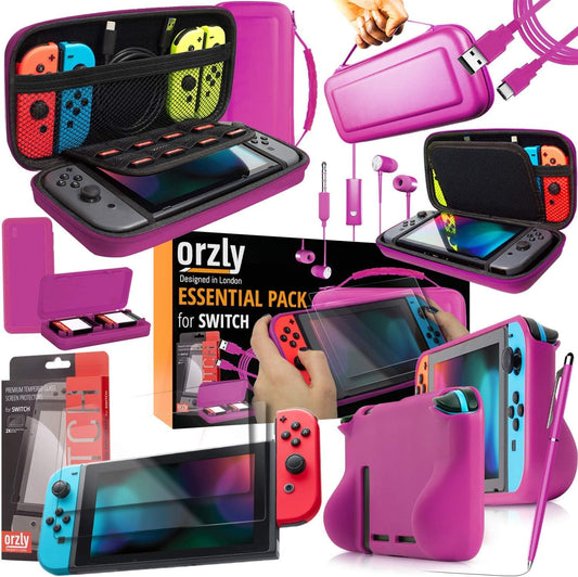 Orzly Switch Accessories Bundle - Carry Case for Nintendo Switch Console  Tempered Glass Screen Protectors  USB Charging Cable  Switch Games Case  Comfort Grip Case & Headphones - PINK