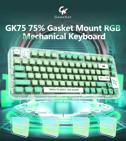GK GAMAKAY GK75 75% RGB Mechanical Keyboard - Bluetooth/USB-C/2.4GHz, Hot Swap Yellow Switch, PBT Keycaps, Mint Green
