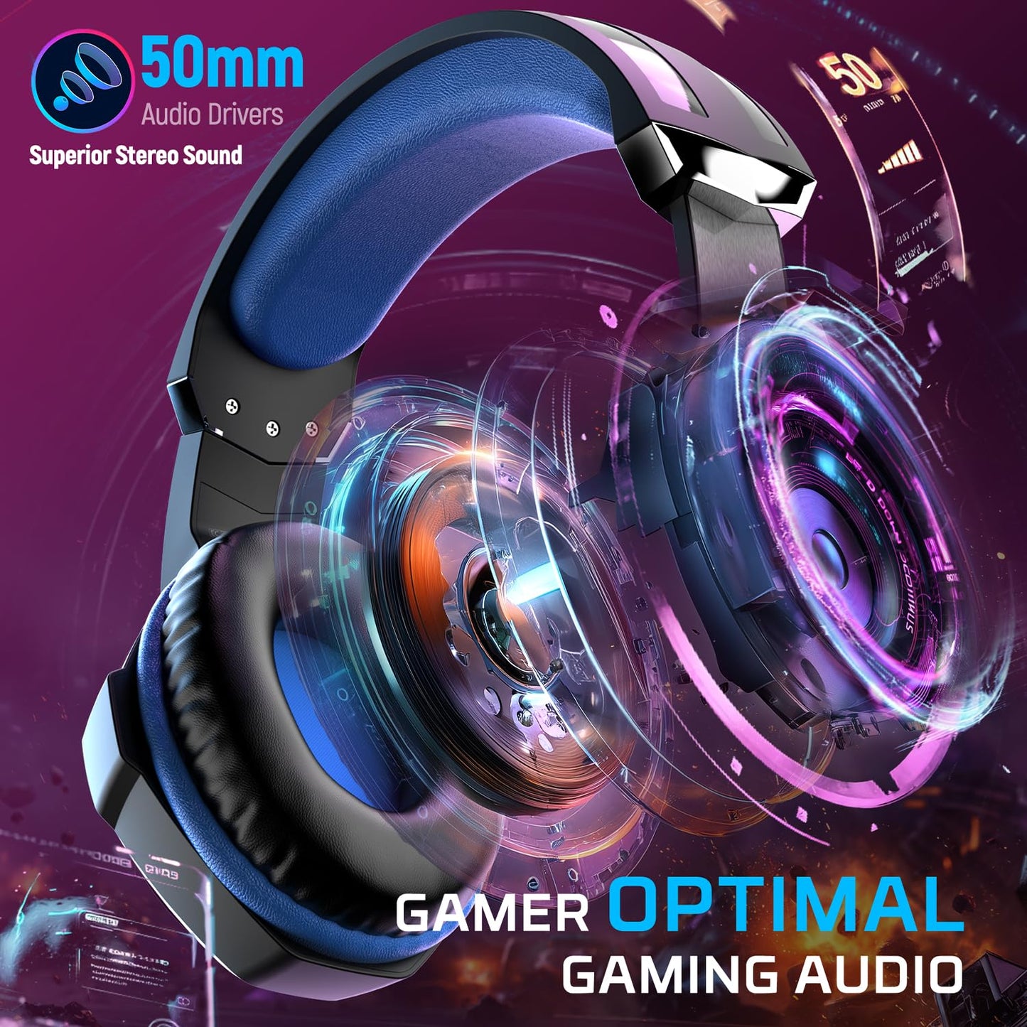 Ozeino Gaming Headset - 7.1 Surround Sound, Noise Cancelling Mic, RGB Light, Over Ear - Black Blue - Compatible with PC, PS4, PS5, Xbox Series X
