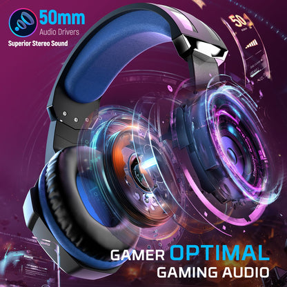 Ozeino Gaming Headset - 7.1 Surround Sound, Noise Cancelling Mic, RGB Light, Over Ear - Black Blue - Compatible with PC, PS4, PS5, Xbox Series X