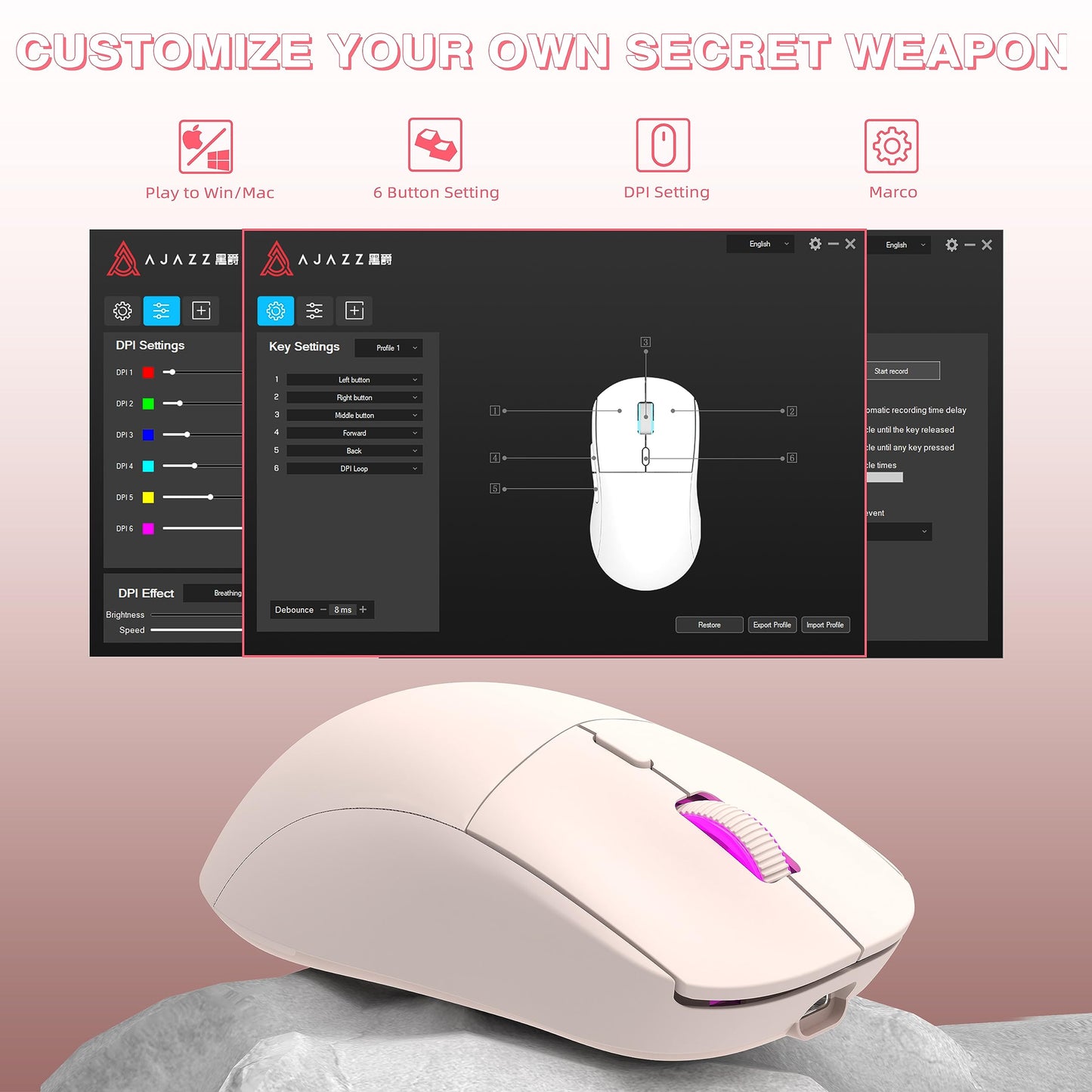 Ajazz Wireless Gaming Mouse - 26000DPI, 6 Macro Buttons, USB-C Rechargeable, Ultralight 59g, Pink