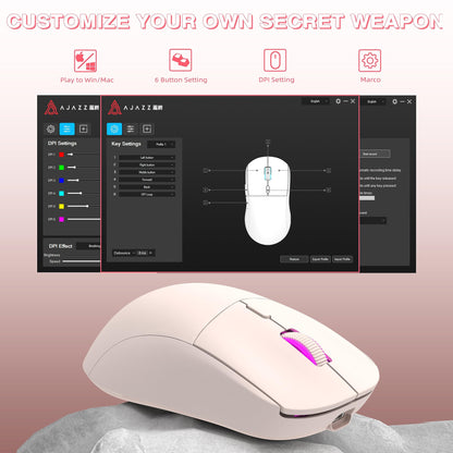 Ajazz Wireless Gaming Mouse - 26000DPI, 6 Macro Buttons, USB-C Rechargeable, Ultralight 59g, Pink