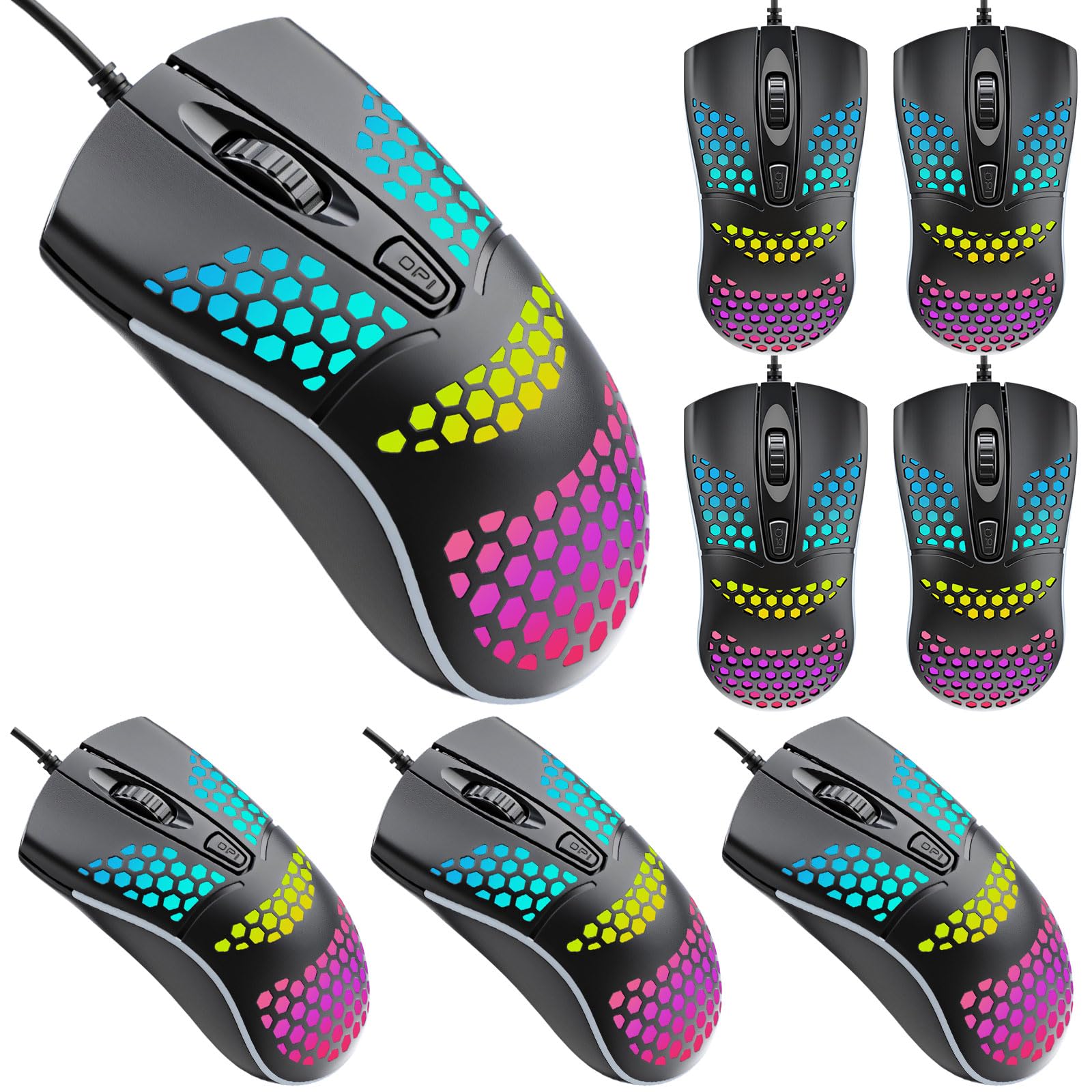 Tellegloww USB Wired RGB Gaming Mouse - Ergonomic Optical, 8 Pack, 3 Adjustable DPI, Black with RGB Lighting