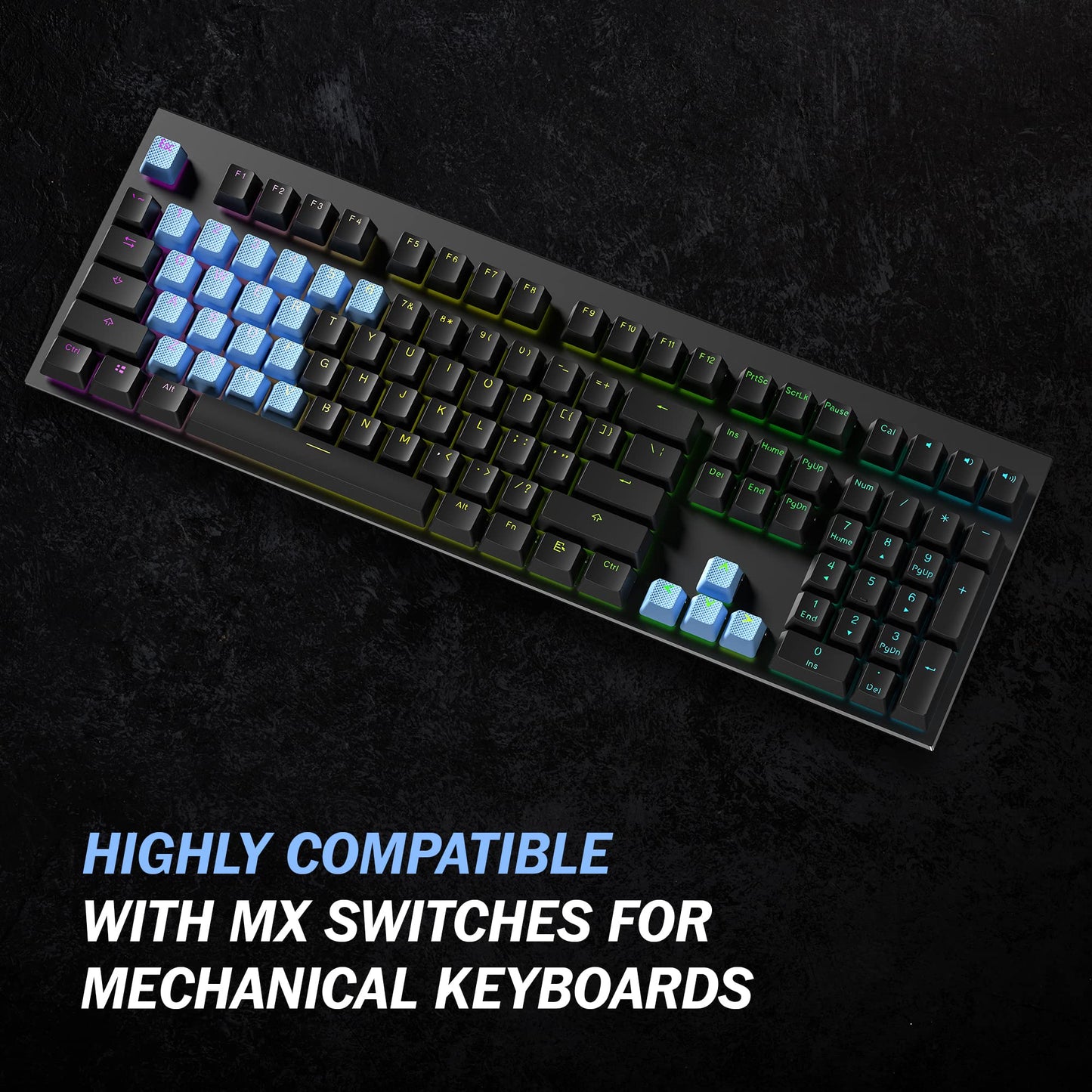 HK Gaming Rubber Keycaps Set - 23 Keys OEM Profile, Anti-Slip Texture, Doubleshot Backlit, Blue Malibu