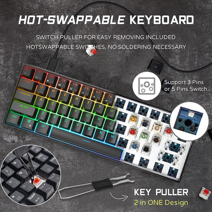 RK ROYAL KLUDGE RK61 60% Mechanical Gaming Keyboard, Hot-Swappable Red Switch, RGB Backlit, Black, Durable ABS Material