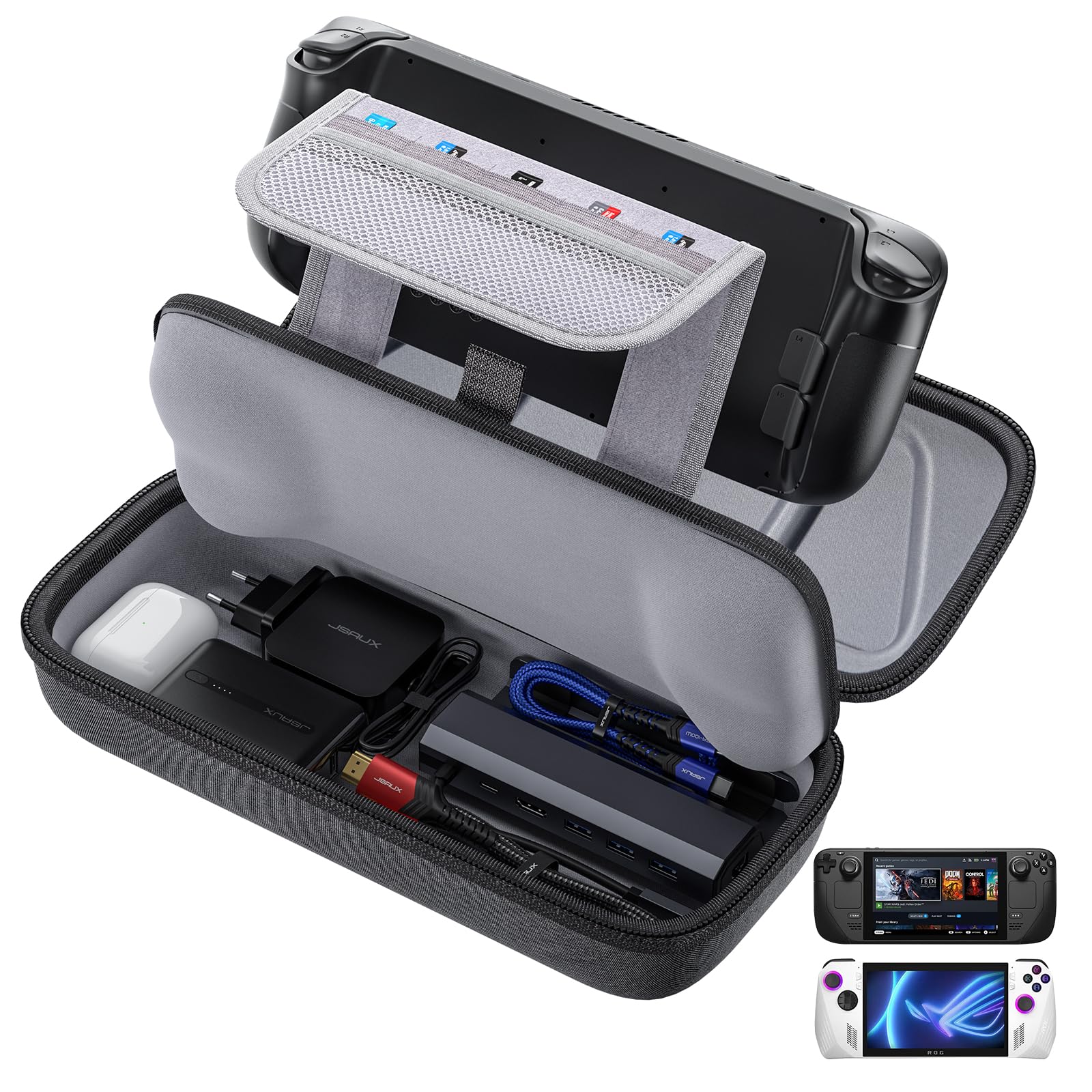 JSAUX Carrying Case Compatible with Steam Deck & ROG Ally  Protective Hard Shell Carry Case Built-in Charger & Docking Station Storage  Portable Tpartyl Case for Steam Deck OLED & Accessories - BG0106A