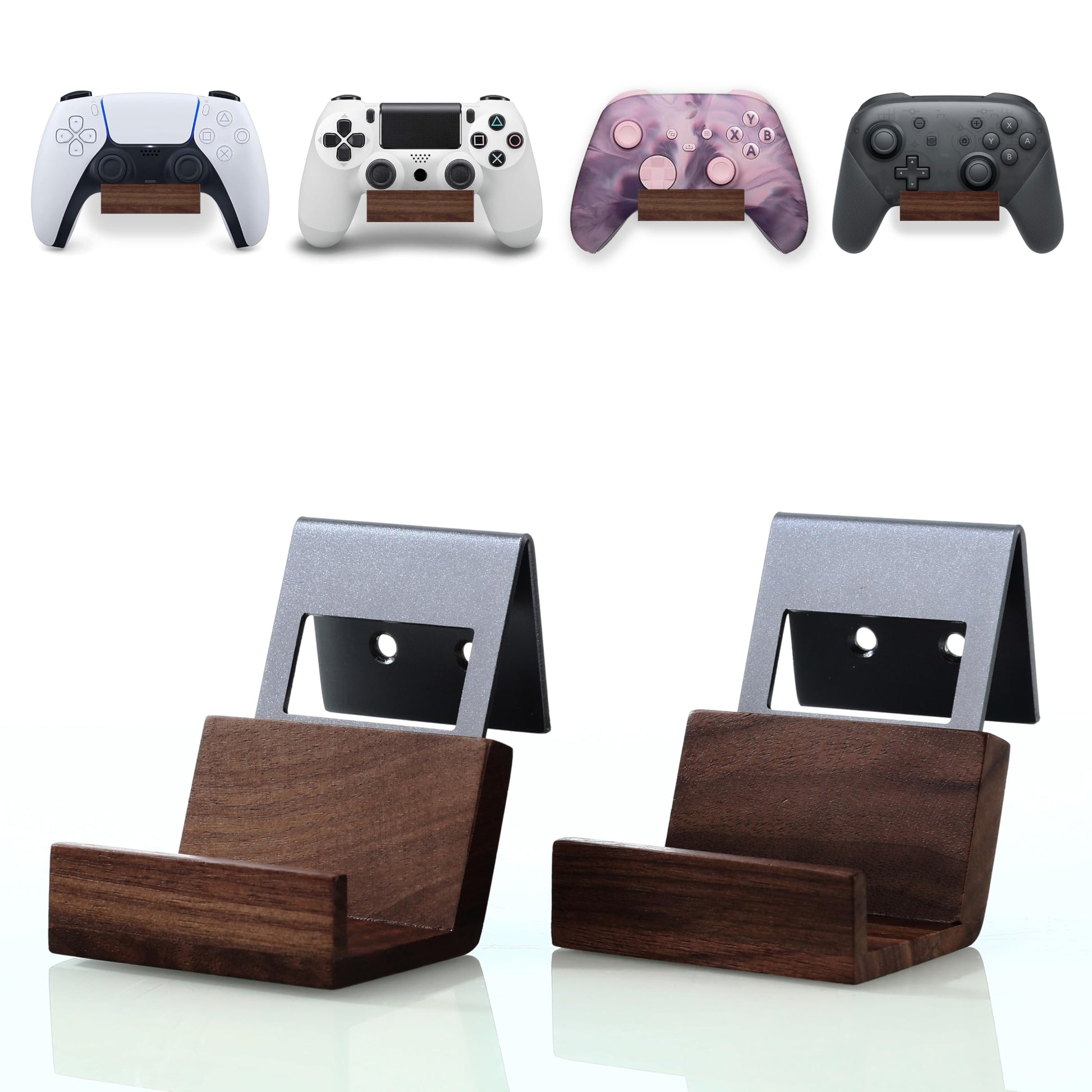 NIRVASH Walnut Controller Wall Mount  Wood Game Controller Holder Stand & Headphone Hanger  Controller & Headset Stand for Xbox  PS5  Remote  Gamer Gifts for Men (2 Pack Grey)