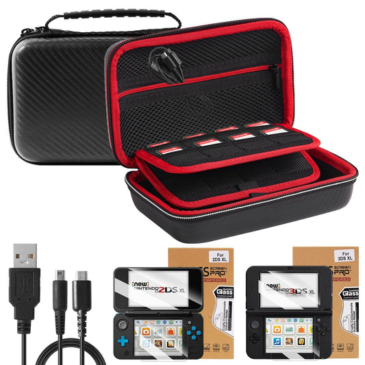 Jekarsy Three-in-One Kit for Nintendo 2DS XL/ 3DS XL  Anti-Collision Carrying Case with EVA Material Covered   2 Pack HD Front and Back Screen Protectors(3ds xl screen protector+ 2ds xl screen protector)  2 in 1 Usb Cable