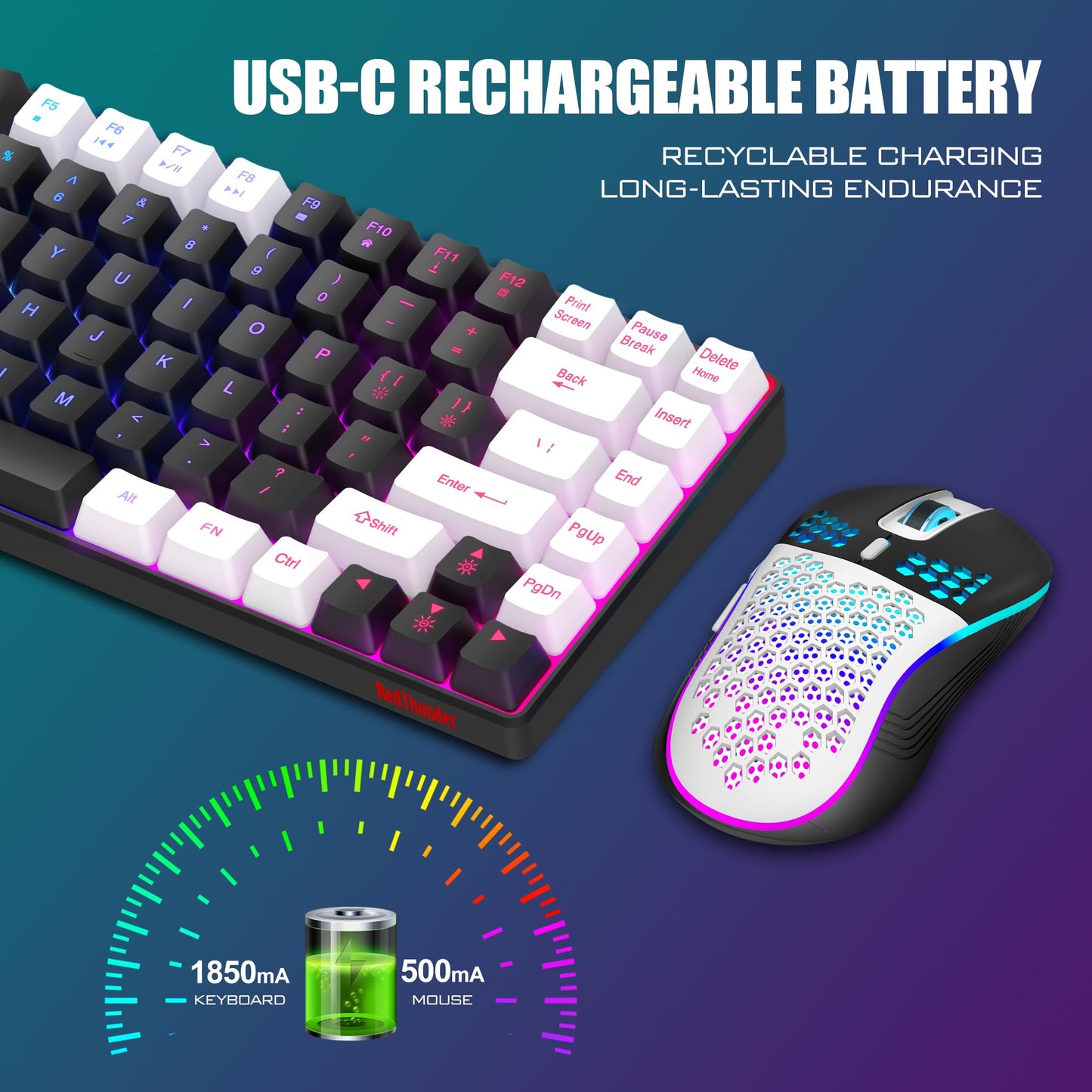 RedThunder K84 Wireless Gaming Keyboard & Mouse Combo, 75% TKL, Rainbow Backlit, Rechargeable, Black-White