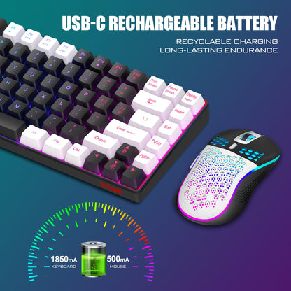 RedThunder K84 Wireless Gaming Keyboard & Mouse Combo, 75% TKL, Rainbow Backlit, Rechargeable, Black-White