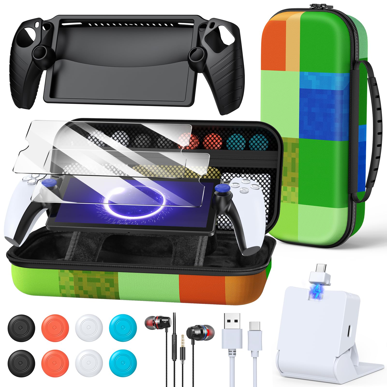 FYOUNG Accessories Kit for PlayStation Portal  Carrying Case Bundle and Magnetic Portable Charger for PS5 Portal with Protective Case  2 Screen Protectors  Wired Headphone  8 Thumb Grips (Green)