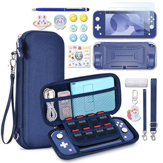 innoAura Switch Lite Case 18-in-1 Accessories Bundle for NS Switch Lite (2019)  with Protective Carrying Case  Game Holder  Screen Protector & Cute Thumb Grips  Blue