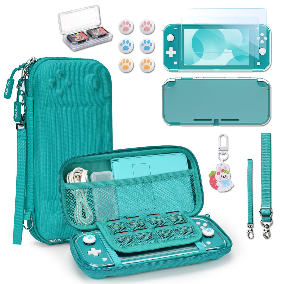 Younik Switch Lite Case  Portable Switch Lite Carrying Case  14 in 1 Accessories Kit with Carrying Case  Protective Cover  Game Card Case  Screen Protectors  Thumb Grips  Pendant and straps (Green)