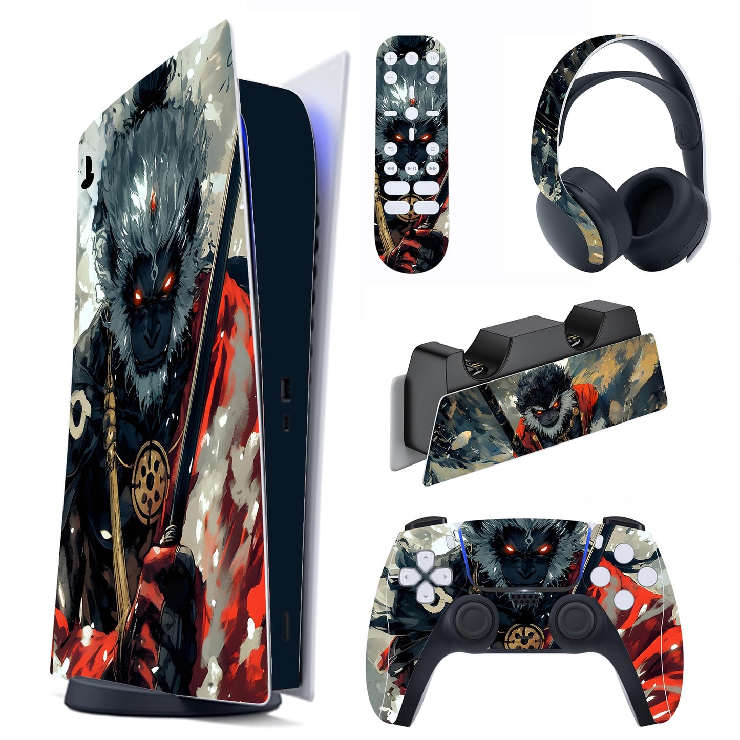 PlayVital Full Set Skin Decal for ps5 Console Digital Edition  Sticker Vinyl Decal Cover for ps5 Controller & Charging Station & Headset & Media Remote - Fallen Wukong
