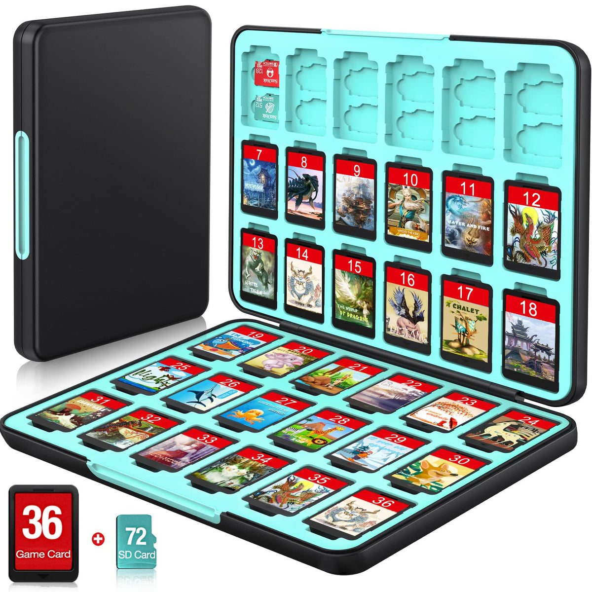 CYKOprotective gear Switch Game Case for Nintendo Switch/OLED/Lite  Switch Game Holder with 36 Games Storage and 72 Memory refill unit sections  Portable Switch Game Card Case with Magnetic Closure  Black Blue