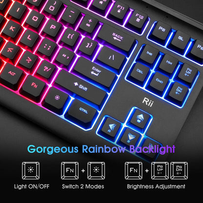 Rii Wired USB RGB Backlit Keyboard - Compact, Silent Keystroke, Black, Model RK104 for Home Office & Gaming