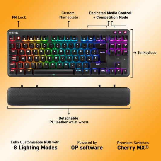 Fnatic miniSTREAK RGB Mechanical Gaming Keyboard - Tenkeyless TKL, Cherry MX Silent Red Switches, Ergonomic Wrist Rest