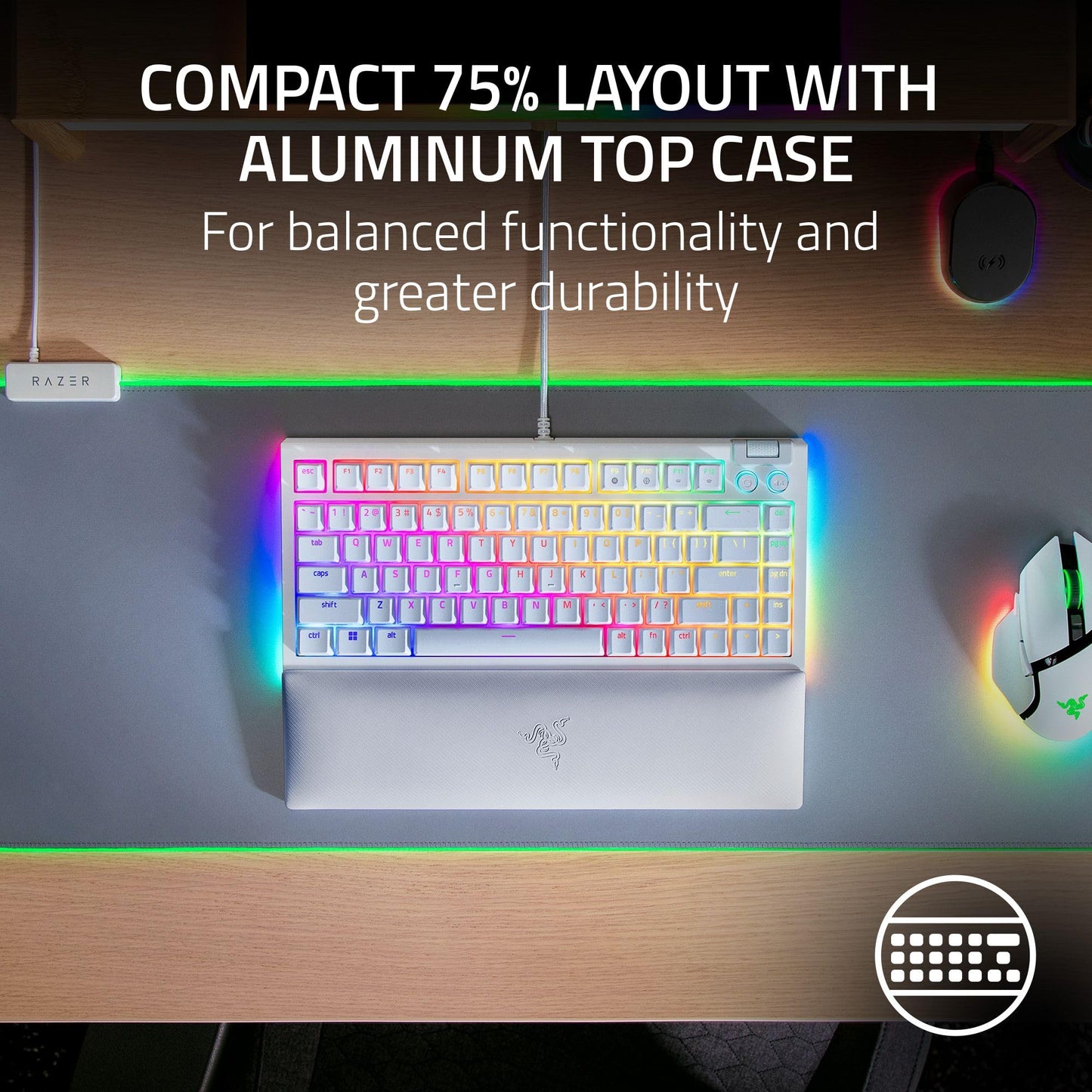 Razer BlackWidow V4 75% Mechanical Gaming Keyboard - Hot Swappable, Orange Tactile Switches, Chroma RGB, White, Model RZ03-05001700-R3