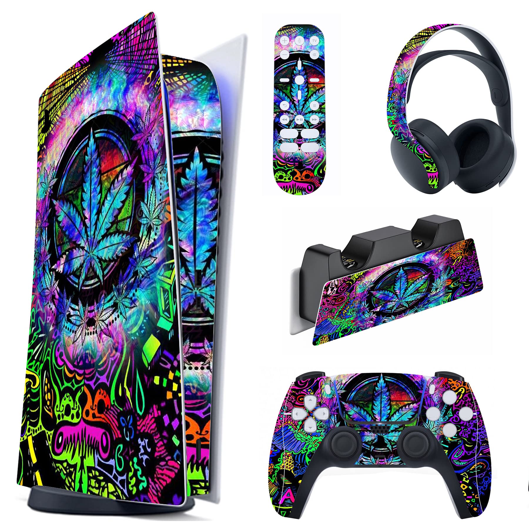 PlayVital Psychedelic Leaf Full Set Skin Decal for ps5 Console Digital Edition  Sticker Vinyl Decal Cover for ps5 Controller & Charging Station & Headset & Media Remote