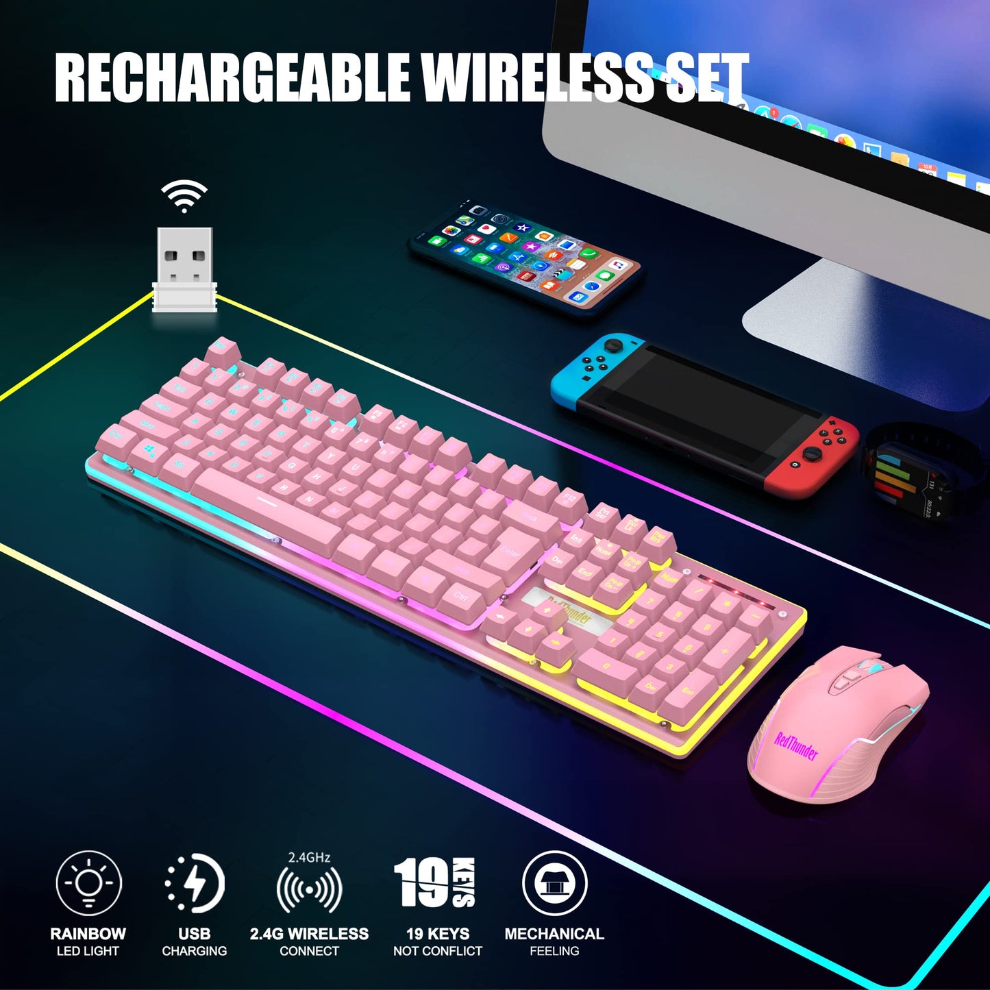 RedThunder K10 Wireless Gaming Keyboard & Mouse Combo, LED Backlit, 3200DPI, Pink