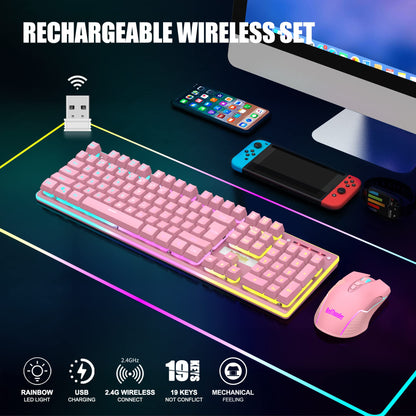 RedThunder K10 Wireless Gaming Keyboard & Mouse Combo, LED Backlit, 3200DPI, Pink