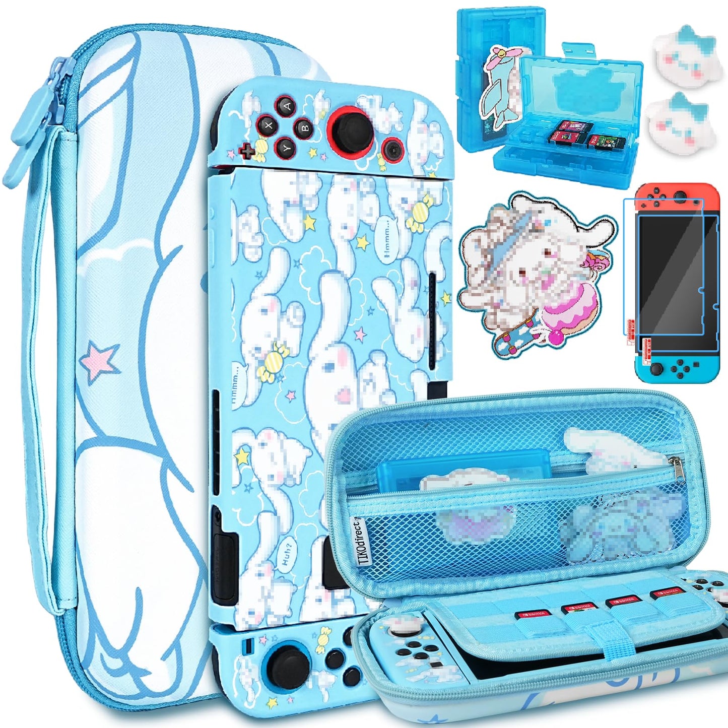 TIKOdirect Carrying Case for Switch  Cute Portable Travel Bag Accessories with Soft Protective Cover  Screen Protectors and Thumb Grip caps  Game Card Case 7in1  Blue