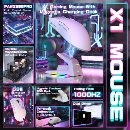 ATTACK SHARK X1 Ultralight Wireless Gaming Mouse - 40000DPI, RGB Dock, Optical Switch, White