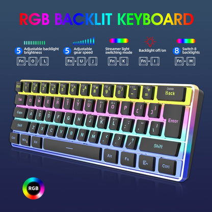 Snpurdiri V800 60% Wired Gaming Keyboard, RGB Mini Keyboard with Pudding Keycaps, Waterproof, Black, Detachable Cable