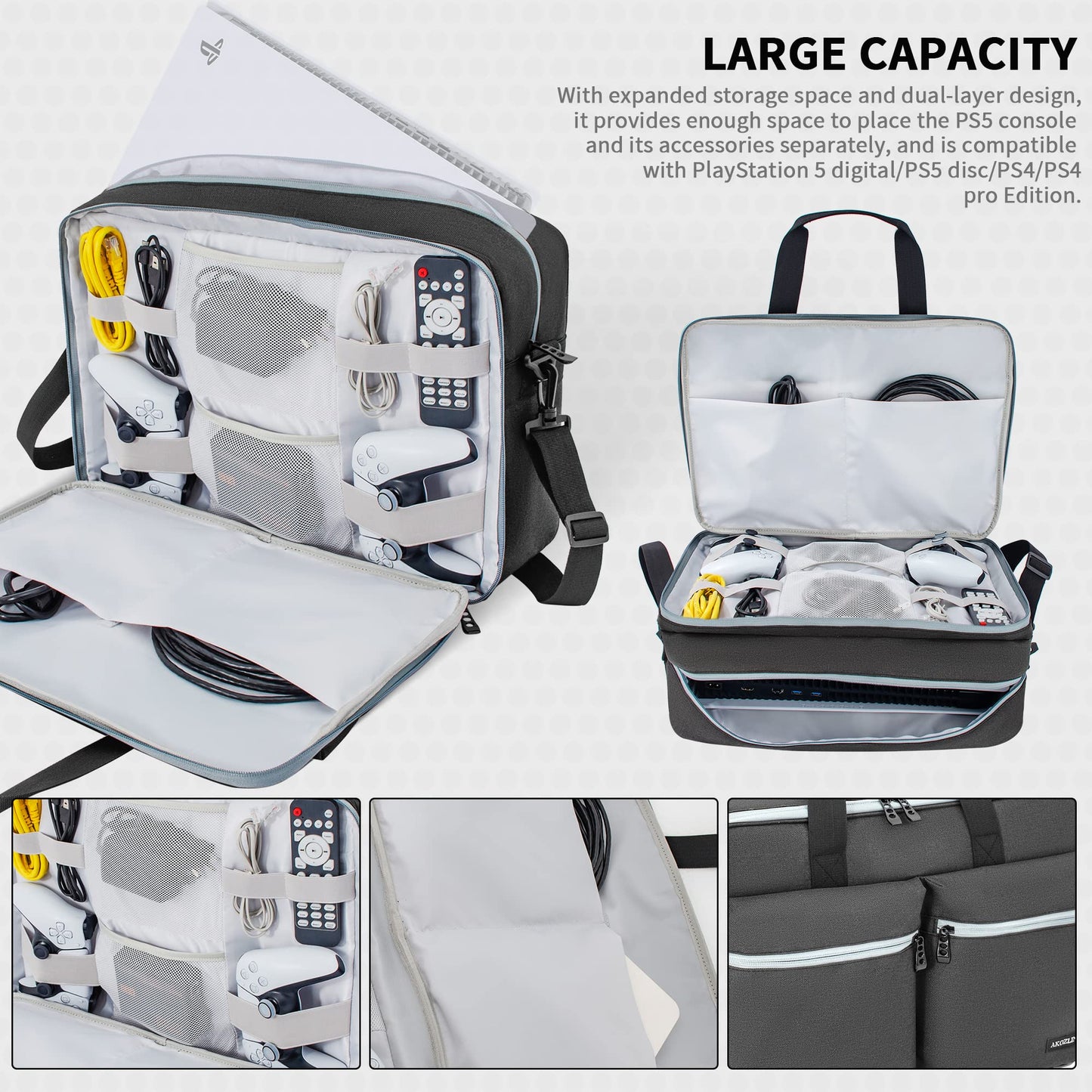 AKOZLIN PS5 Padded Travel Bag - Large Capacity for Console, Monitor, Headset, Charger - Dark Grey