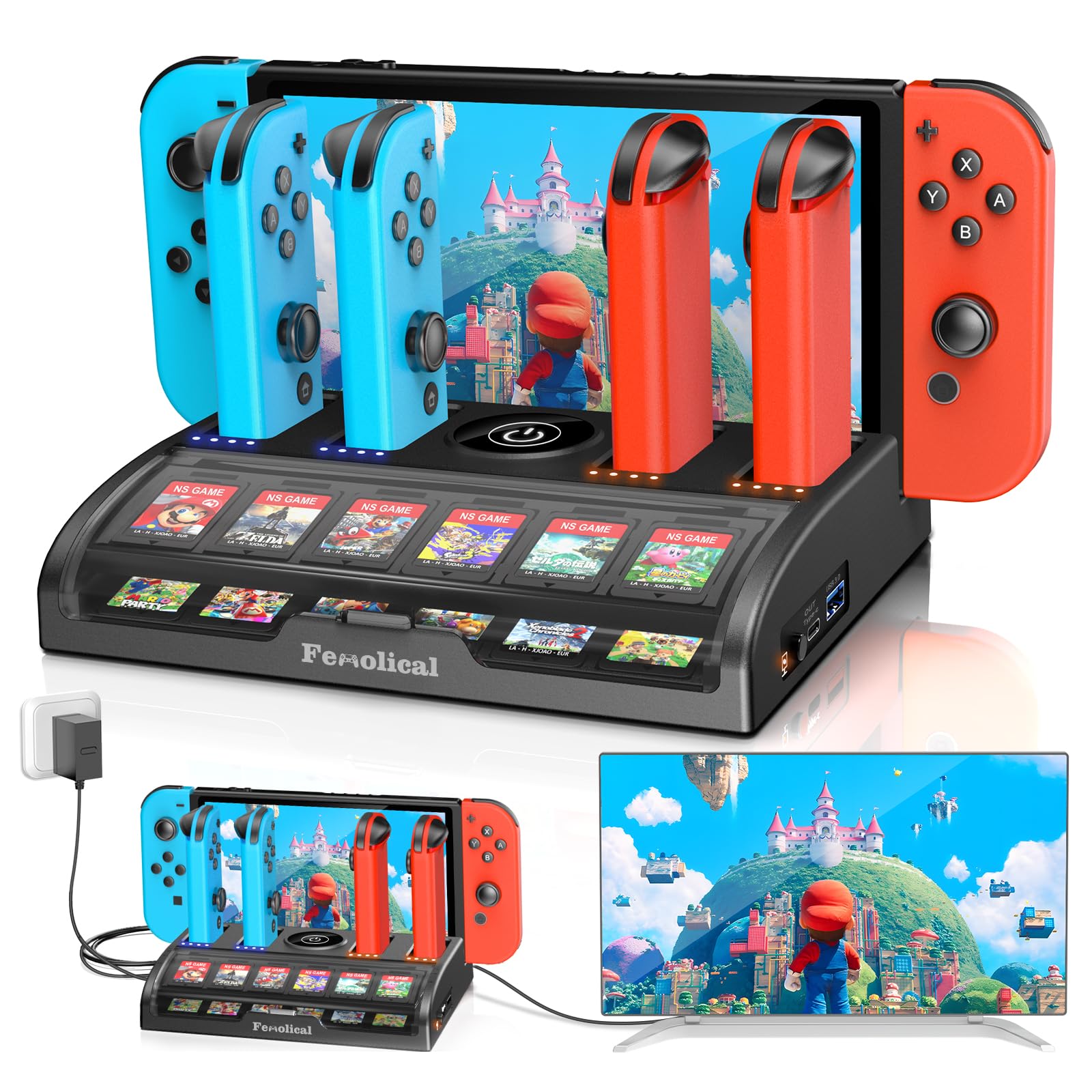 Fenolical TV Switch Dock Station for Nintendo Switch/Switch OLED  Support 4K/1080P HDMI Switch Charger Docking Station for Joycon Controller Switch Accessories for PS3 Skins with 12 Game sections (Black)