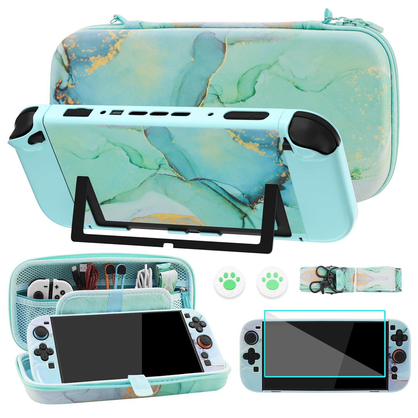 FUNDIARY Green Marble Travel Carrying Case for Nintendo Switch 2  Accessories Bundle with Slim Portable Storage Bag  Switch 2 Protective Dockable Cover  Shoulder Strap  Screen Protector & 2 Thumb Caps