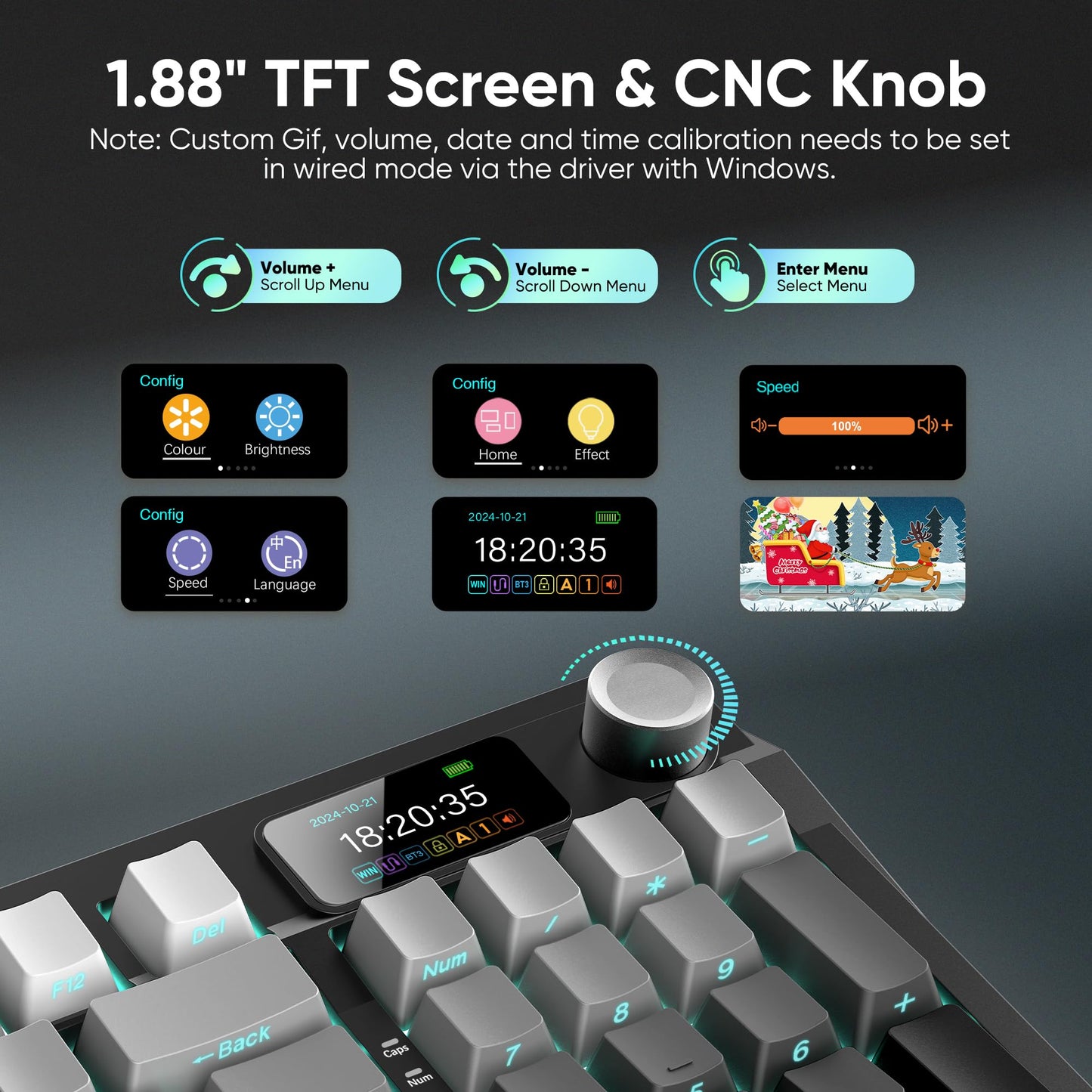 RedThunder K95 Wireless Mechanical Keyboard - TFT Screen, RGB Backlit, Gasket Hot-Swap, Gradient Gray, Pre-lubed Linear Switches