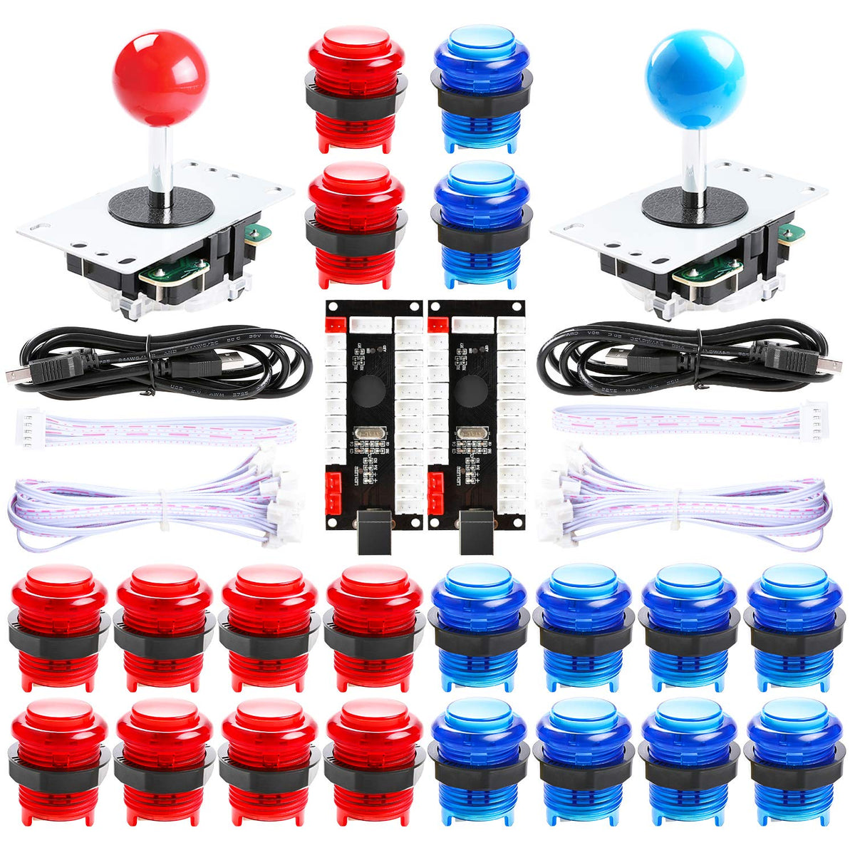 Qenker 2-Player LED Arcade DIY Kit for USB MAME PC Game DIY & Raspberry Pi Retro Controller DIY Including 2X Arcade Joystick  20x LED Arcade Buttons  2X Zero Delay USB Encoder (Blue & Red)
