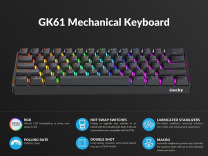 Geeky GK61 60% Hot Swappable Mechanical Gaming Keyboard - 61 Keys Multi-Color RGB LED Backlit, Black, ANSI US Layout, Brown Switch