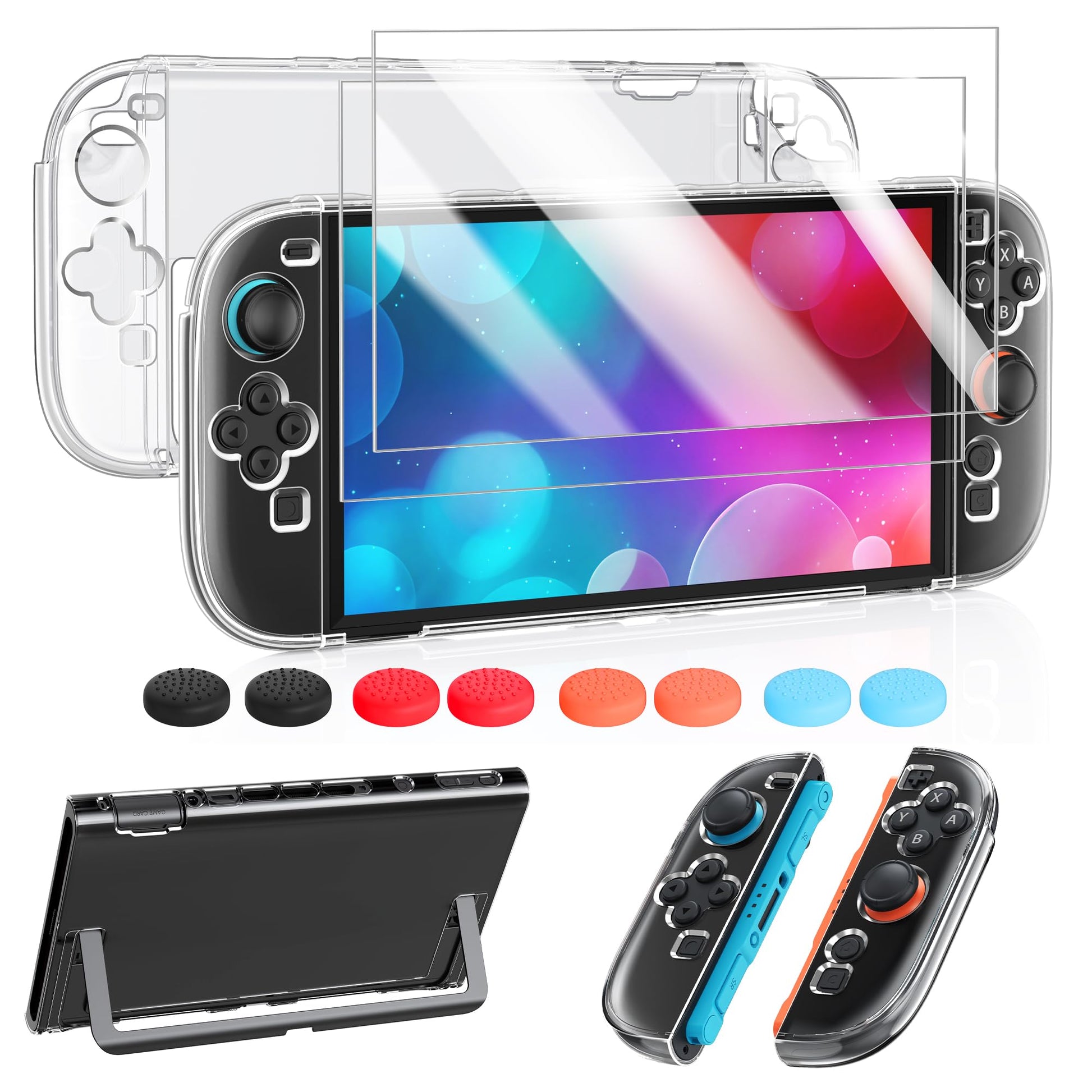 FYOUNG Switch 2 Protective Case, Slim Hard Shell with Screen Protector & 8 Thumb Grips, Clear, for Nintendo Switch 2 7.9inch