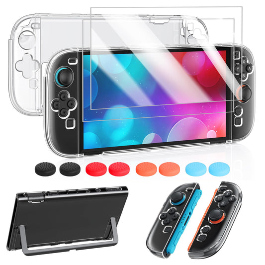 FYOUNG Switch 2 Protective Case, Slim Hard Shell with Screen Protector & 8 Thumb Grips, Clear, for Nintendo Switch 2 7.9inch