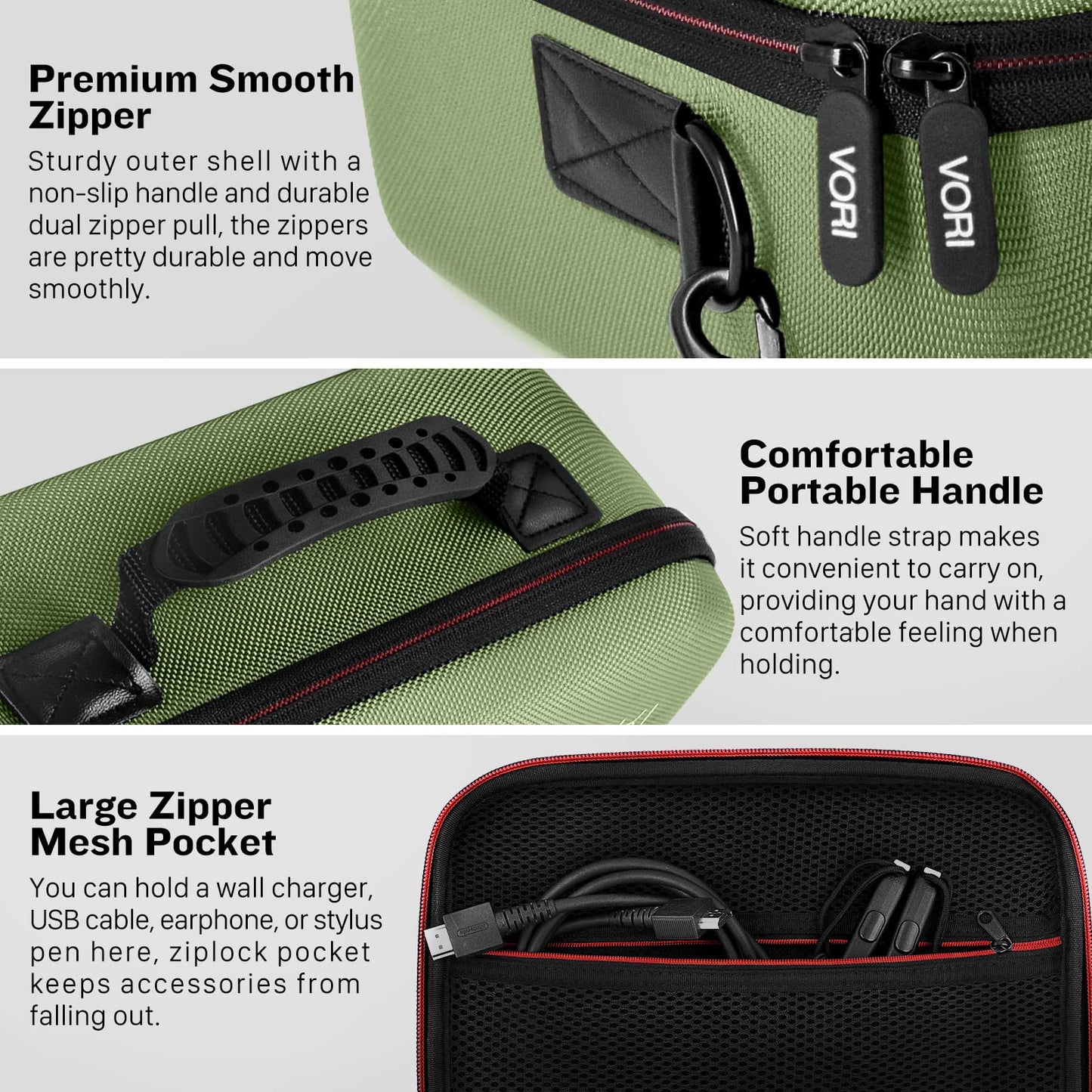 VORI Hard Travel Case for Nintendo Switch/OLED, Green, with Handle & Shoulder Strap, Fits Pro Controller & Accessories