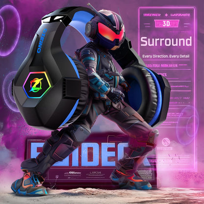 Ozeino Gaming Headset - 7.1 Surround Sound, Noise Cancelling Mic, RGB Light, Over Ear - Black Blue - Compatible with PC, PS4, PS5, Xbox Series X