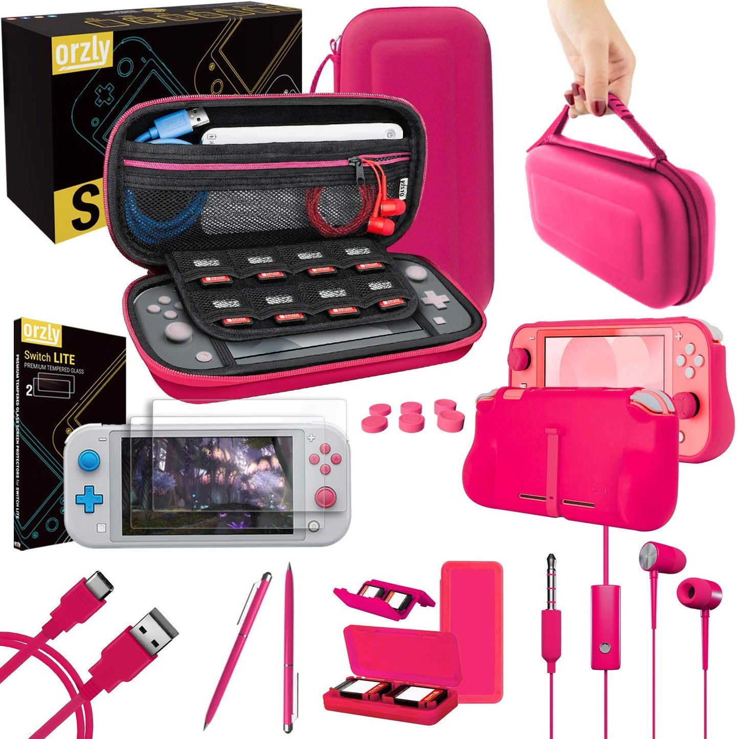 Orzly Accessories Bundle for Switch Lite - Case & Screen Protector for Nintendo Switch Lite Console, USB Cable, Games Holder, Co
