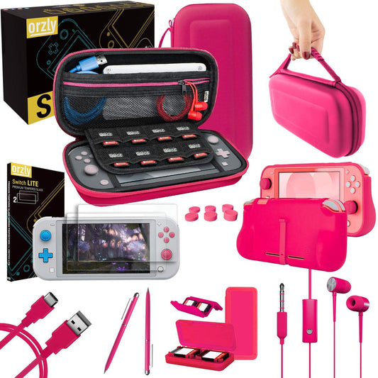 Orzly Accessories Bundle for Switch Lite - Case & Screen Protector for Nintendo Switch Lite Console, USB Cable, Games Holder, Co