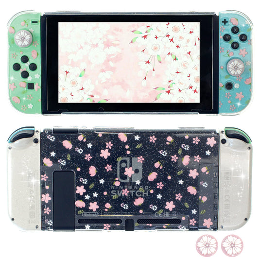 FANPL Glitter Clear Case for Nintendo Switch  Hard Shell Cute Protective Case Cover for Switch and Joy Con Controller with 2 Glitter Cherry Blossoms Thumb Grips - Embossed Feel (Pink Sakura Snow)