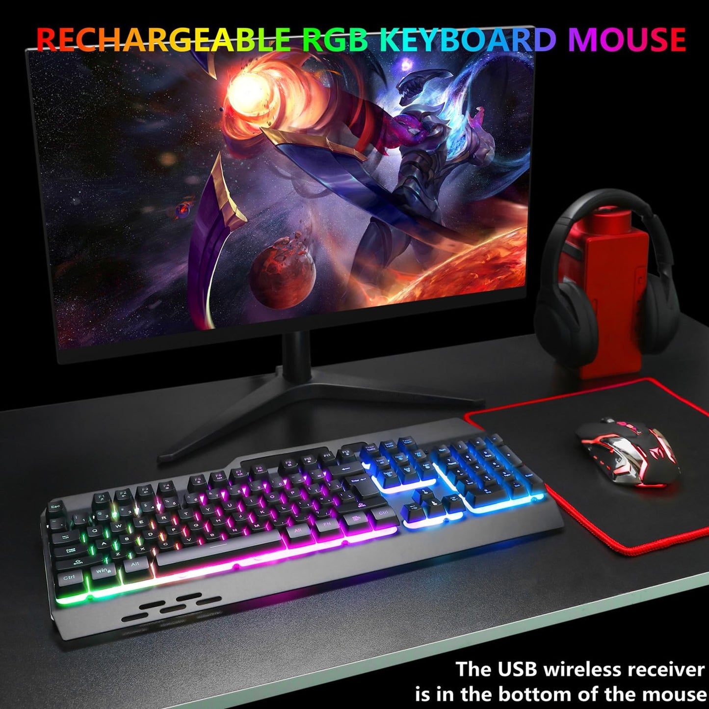 Cakce Wireless RGB Gaming Keyboard and Mouse - Rechargeable, Metal Panel, Black, 7 Colors, Long Battery Life, Includes Mouse Pad
