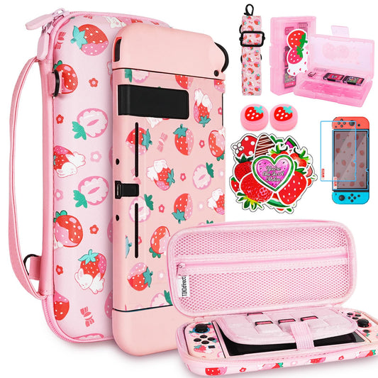 TIKOdirect Carrying Case for Switch  Cute Portable Travel Bag Accessories with Soft Protective Cover  Screen Protectors and Thumb grip caps  Game Card Case 7in1  Pink