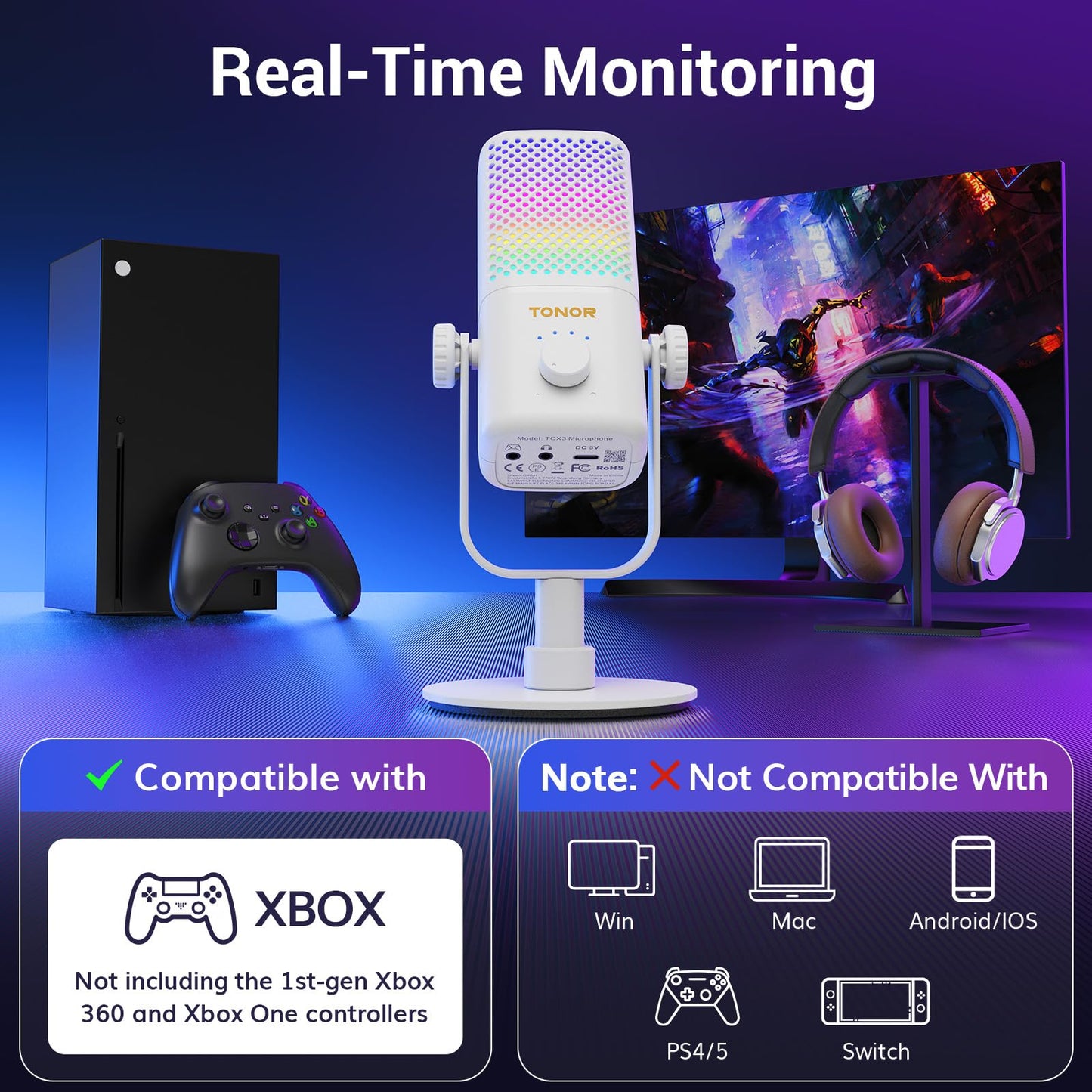 TONOR RGB Gaming Microphone with Gain Control, Quick Mute, 30H Battery Life, 7.48x5.31x4.53IN, White, Model TCX3