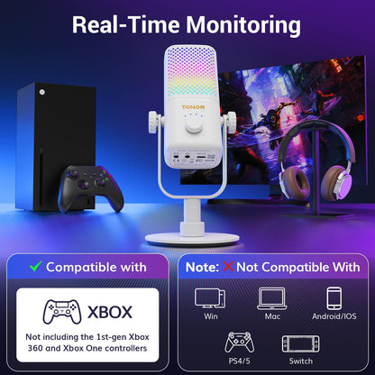 TONOR RGB Gaming Microphone with Gain Control, Quick Mute, 30H Battery Life, 7.48x5.31x4.53IN, White, Model TCX3