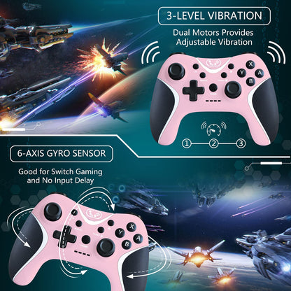 BRHE Wireless Switch Controller - Pink Pro Gamepad for Nintendo Switch/Lite/OLED/PC with Vibration, Turbo & Programmable Features