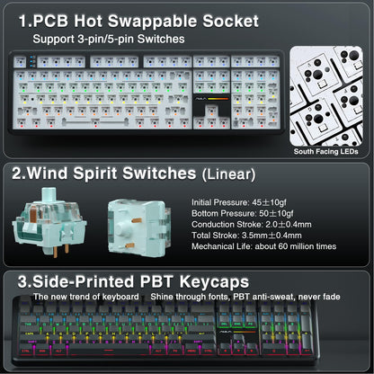 AULA F108 Wireless Mechanical Gaming Keyboard - Full Size, RGB Backlit, Hot Swappable, No Knob-Gradient Black, PBT Keycaps, 108 Keys