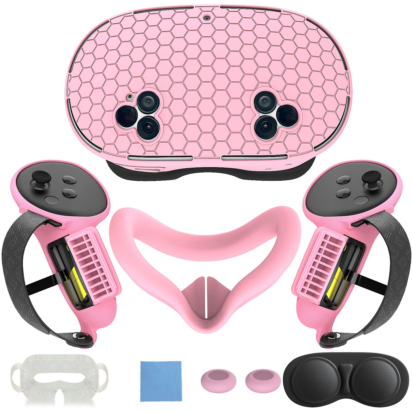 MTomatoVR 7 in 1 Silicone Cover Set for Quest 3S - Honeycomb-Pink, Includes Controller Grips, Face Cover, Lens Protector