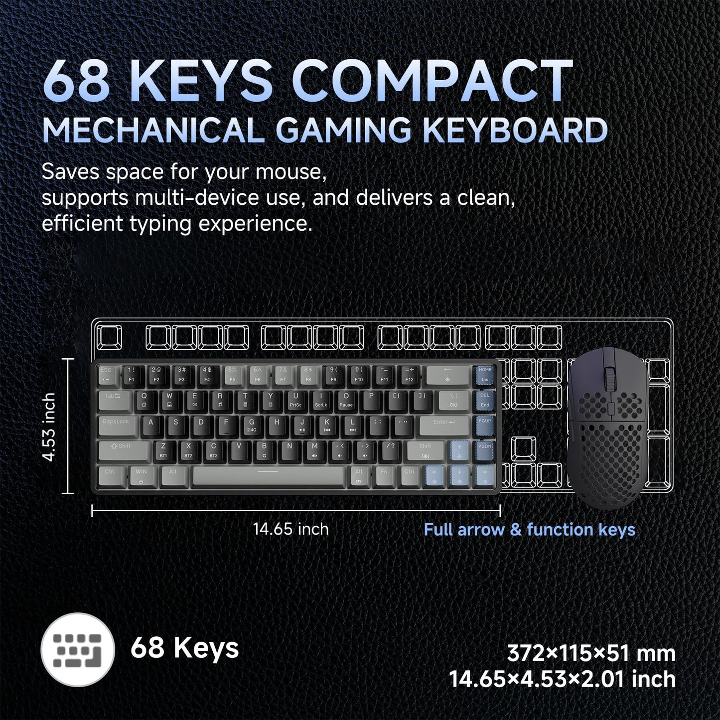DIERYA DK68 Wireless Mechanical Gaming Keyboard, 60% Compact, RGB Backlit, Quiet Red Switch, Grey/Black, Bluetooth/2.4GHz/USB-C