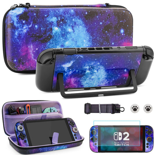 FUNDIARY Galaxy Travel Case for Nintendo Switch 2  Accessories Kit for Switch 2 Console with Portable Storage Bag  Protective Dockable Cover  Screen Protector  Shoulder Strap and 2 Thumb Caps